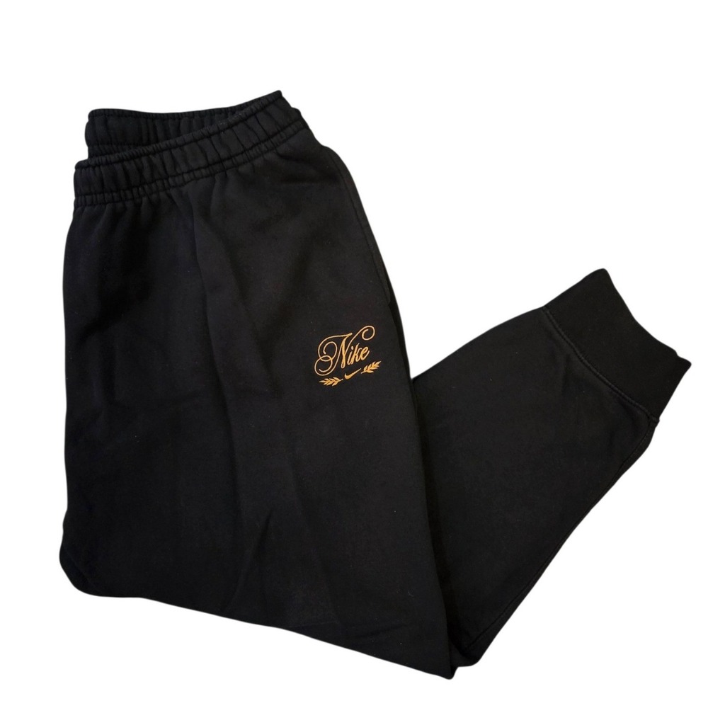 Nike Mens XXL Black Fleece Joggers Gold Script Logo Embroidery Sweatpants